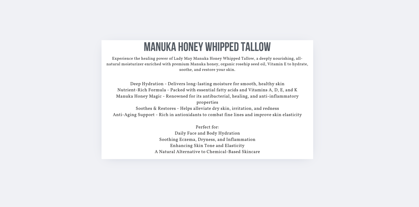9oz Manuka Honey & Rosehip Tallow Body Butter
